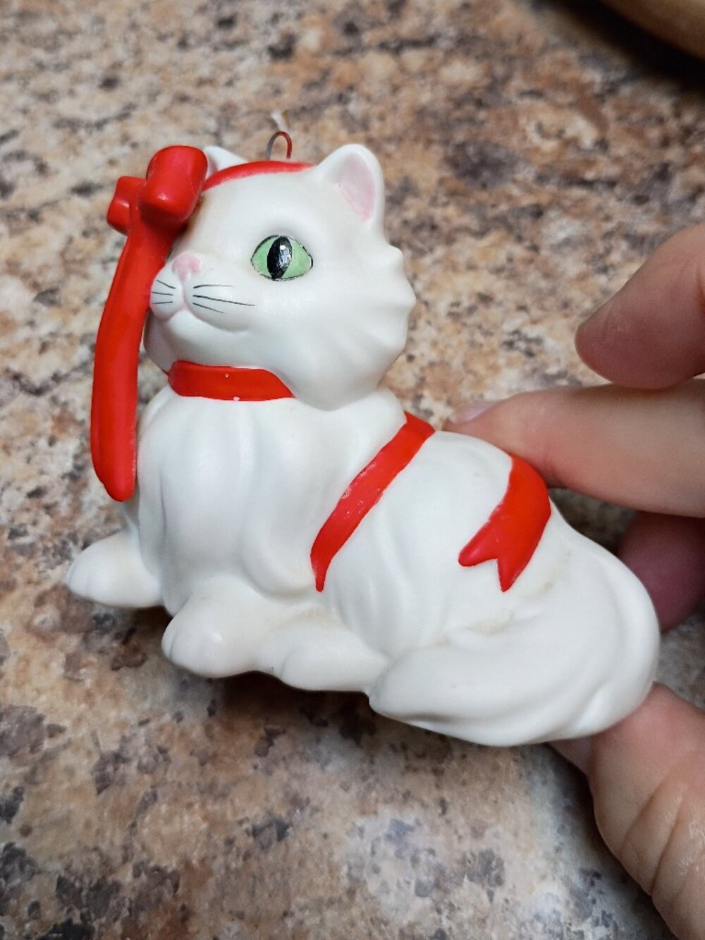 VTG  Ebeling & Reuss Ceramic Christmas Cat Ornament 1985 Winking Red Ribbon